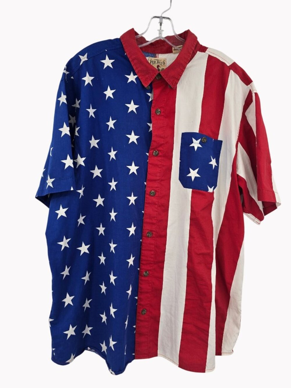 Red Head Mens 2XL American Flag Button-Up Shirt Stars & Stripes Short Sleeve Cot